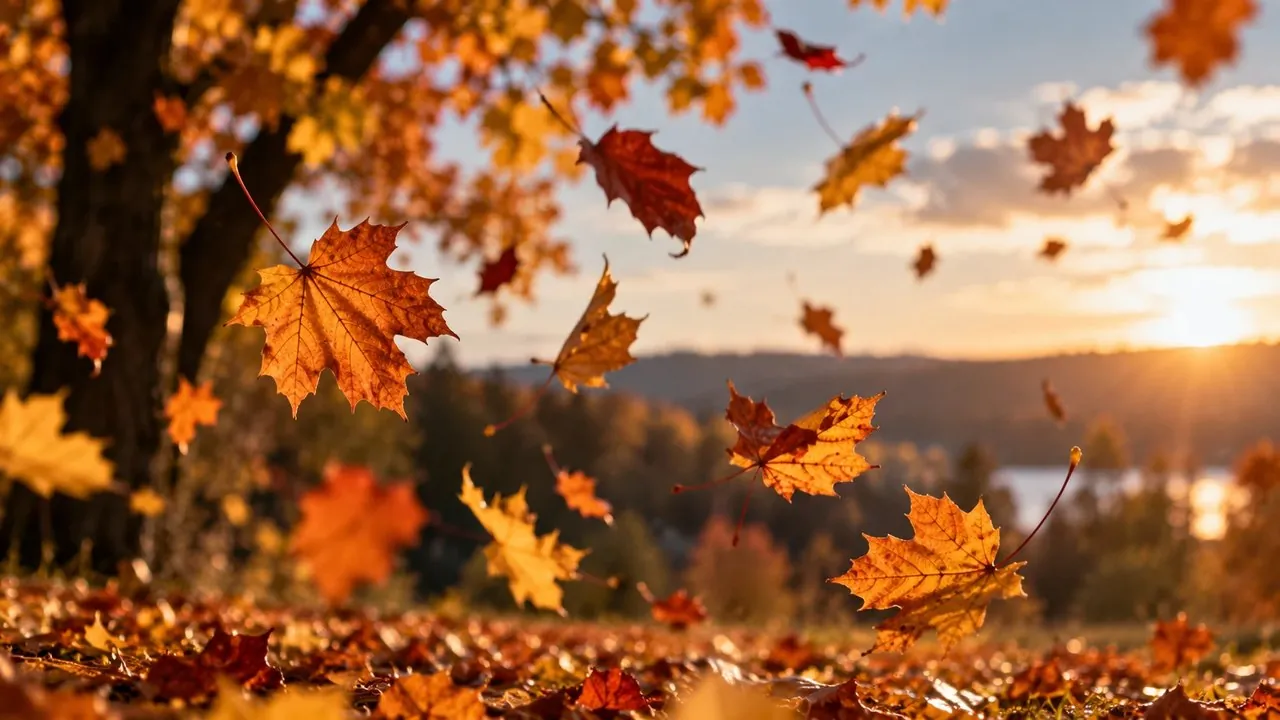 Autumn and weight loss: maple leaves falling in the evening sun in front of a lake view