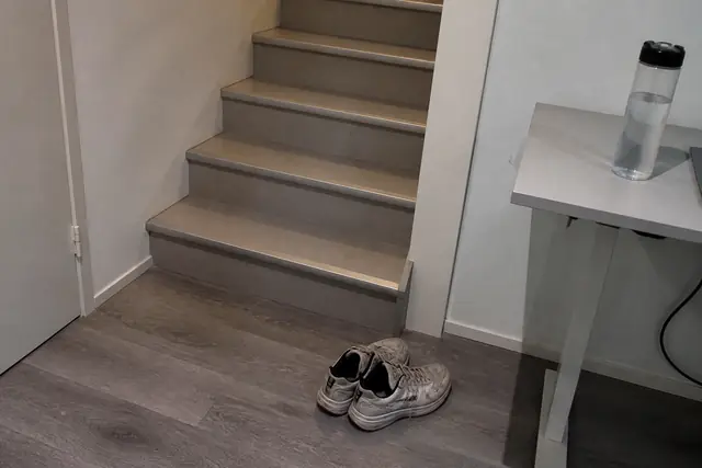 A standing desk and stairs