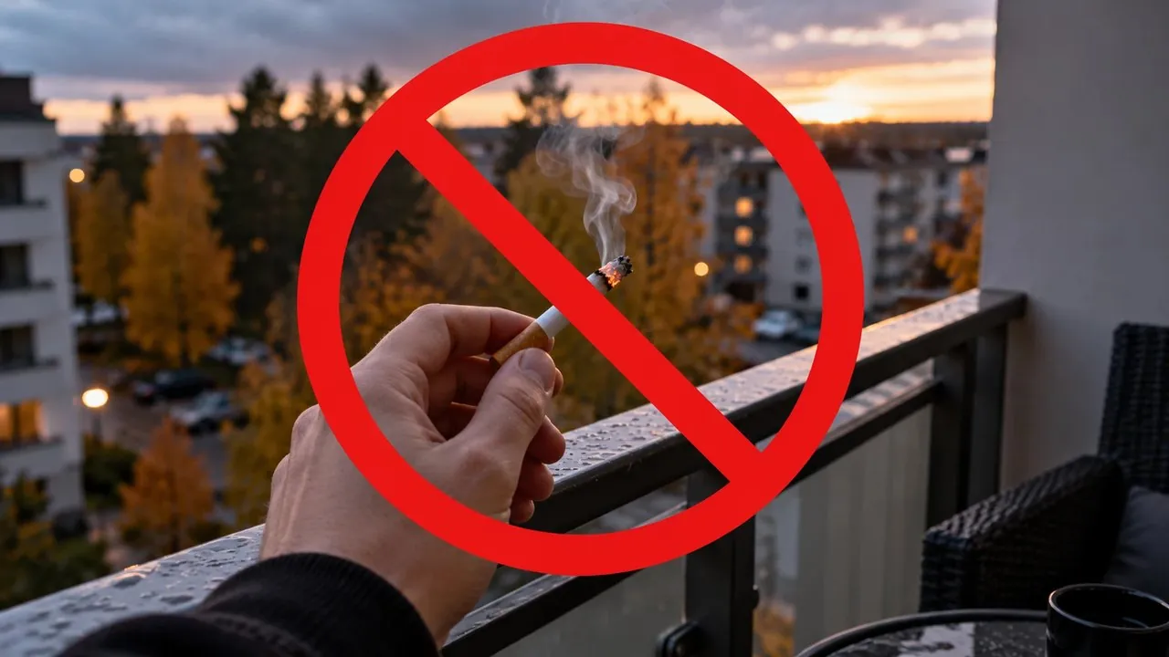 Smoking ban in rental homes in Finland: a lit cigarette on an apartment balcony under a red prohibition sign