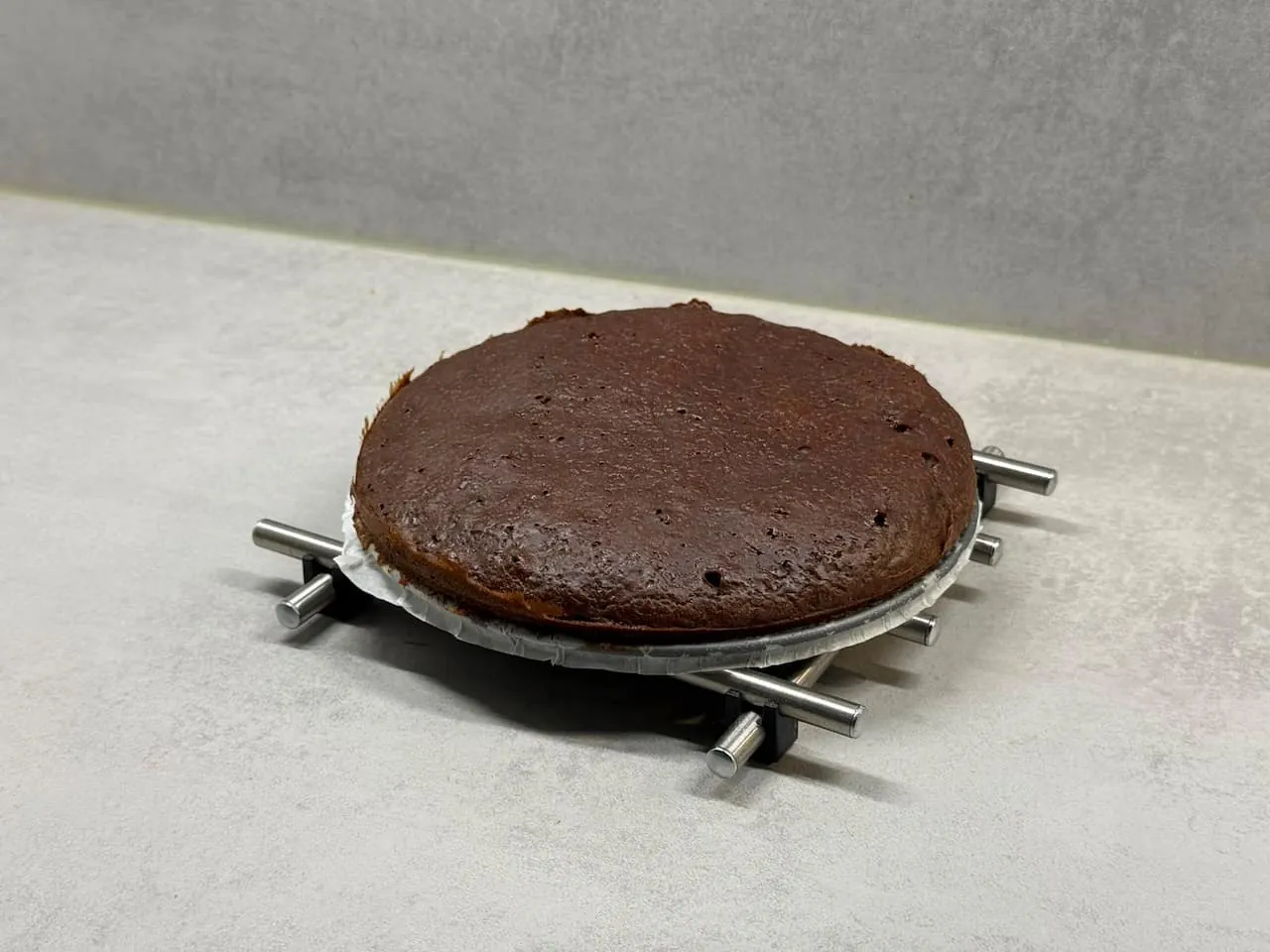 Low-calorie chocolate cake cut open, airy texture visible